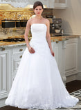 Shyla Ball-Gown/Princess Strapless Chapel Train Satin Organza Wedding Dress With Lace Beading UKP0013796