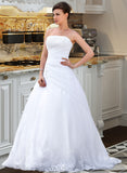 Shyla Ball-Gown/Princess Strapless Chapel Train Satin Organza Wedding Dress With Lace Beading UKP0013796