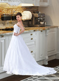 Shyla Ball-Gown/Princess Strapless Chapel Train Satin Organza Wedding Dress With Lace Beading UKP0013796