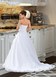 Shyla Ball-Gown/Princess Strapless Chapel Train Satin Organza Wedding Dress With Lace Beading UKP0013796