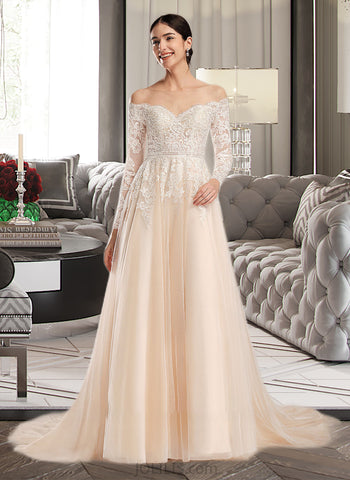 Penelope Ball-Gown/Princess Illusion Chapel Train Wedding Dress With Sequins UKP0013798