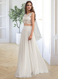 Karsyn A-Line Scoop Neck Floor-Length Chiffon Wedding Dress With Beading Sequins UKP0013799