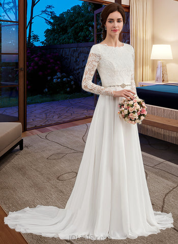 Philippa A-Line Scoop Neck Court Train Chiffon Wedding Dress With Beading UKP0013800