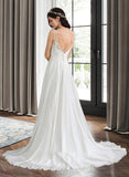 Valeria A-Line V-neck Sweep Train Chiffon Wedding Dress With Beading Sequins Split Front UKP0013806