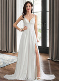 Valeria A-Line V-neck Sweep Train Chiffon Wedding Dress With Beading Sequins Split Front UKP0013806