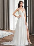 Valeria A-Line V-neck Sweep Train Chiffon Wedding Dress With Beading Sequins Split Front UKP0013806