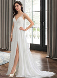 Valeria A-Line V-neck Sweep Train Chiffon Wedding Dress With Beading Sequins Split Front UKP0013806