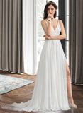 Valeria A-Line V-neck Sweep Train Chiffon Wedding Dress With Beading Sequins Split Front UKP0013806