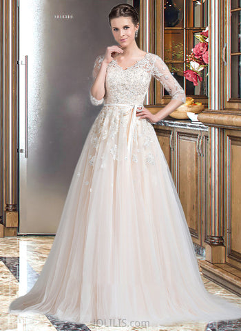 Emmy Ball-Gown/Princess V-neck Court Train Tulle Wedding Dress With Beading Appliques Lace Sequins Bow(s) UKP0013809