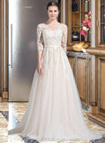 Emmy Ball-Gown/Princess V-neck Court Train Tulle Wedding Dress With Beading Appliques Lace Sequins Bow(s) UKP0013809