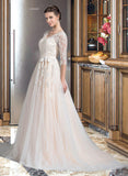 Emmy Ball-Gown/Princess V-neck Court Train Tulle Wedding Dress With Beading Appliques Lace Sequins Bow(s) UKP0013809