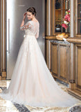 Emmy Ball-Gown/Princess V-neck Court Train Tulle Wedding Dress With Beading Appliques Lace Sequins Bow(s) UKP0013809