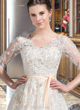 Emmy Ball-Gown/Princess V-neck Court Train Tulle Wedding Dress With Beading Appliques Lace Sequins Bow(s) UKP0013809