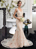 Lynn Trumpet/Mermaid V-neck Chapel Train Tulle Lace Wedding Dress With Beading UKP0013810