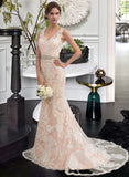 Lynn Trumpet/Mermaid V-neck Chapel Train Tulle Lace Wedding Dress With Beading UKP0013810