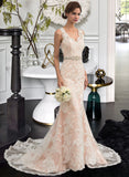 Lynn Trumpet/Mermaid V-neck Chapel Train Tulle Lace Wedding Dress With Beading UKP0013810