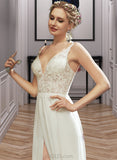 Virginia A-Line V-neck Floor-Length Wedding Dress With Lace Split Front UKP0013815