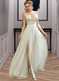 Virginia A-Line V-neck Floor-Length Wedding Dress With Lace Split Front UKP0013815