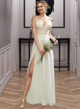 Virginia A-Line V-neck Floor-Length Wedding Dress With Lace Split Front UKP0013815