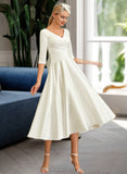 Heather A-Line V-neck Tea-Length Satin Wedding Dress UKP0013817