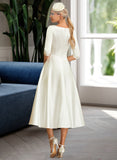 Heather A-Line V-neck Tea-Length Satin Wedding Dress UKP0013817