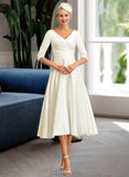 Heather A-Line V-neck Tea-Length Satin Wedding Dress UKP0013817