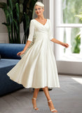 Heather A-Line V-neck Tea-Length Satin Wedding Dress UKP0013817