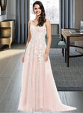 Yasmine A-Line V-neck Sweep Train Tulle Wedding Dress With Lace UKP0013819