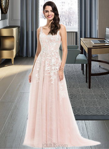 Yasmine A-Line V-neck Sweep Train Tulle Wedding Dress With Lace UKP0013819