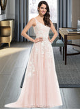 Yasmine A-Line V-neck Sweep Train Tulle Wedding Dress With Lace UKP0013819