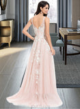 Yasmine A-Line V-neck Sweep Train Tulle Wedding Dress With Lace UKP0013819