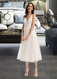 Adalynn A-Line V-neck Tea-Length Wedding Dress UKP0013820