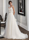 Cali A-Line V-neck Sweep Train Organza Wedding Dress With Beading Bow(s) UKP0013823