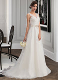 Cali A-Line V-neck Sweep Train Organza Wedding Dress With Beading Bow(s) UKP0013823