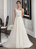 Cali A-Line V-neck Sweep Train Organza Wedding Dress With Beading Bow(s) UKP0013823