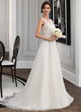 Cali A-Line V-neck Sweep Train Organza Wedding Dress With Beading Bow(s) UKP0013823