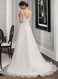 Cali A-Line V-neck Sweep Train Organza Wedding Dress With Beading Bow(s) UKP0013823