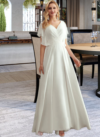 Sanaa A-Line V-neck Floor-Length Wedding Dress With Lace Split Front UKP0013825