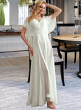 Sanaa A-Line V-neck Floor-Length Wedding Dress With Lace Split Front UKP0013825