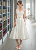 Kathleen A-Line V-neck Tea-Length Satin Wedding Dress With Bow(s) UKP0013826