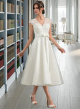 Kathleen A-Line V-neck Tea-Length Satin Wedding Dress With Bow(s) UKP0013826