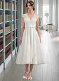 Kathleen A-Line V-neck Tea-Length Satin Wedding Dress With Bow(s) UKP0013826