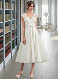 Kathleen A-Line V-neck Tea-Length Satin Wedding Dress With Bow(s) UKP0013826