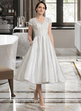 Hayley A-Line V-neck Tea-Length Satin Wedding Dress With Ruffle Pockets UKP0013828