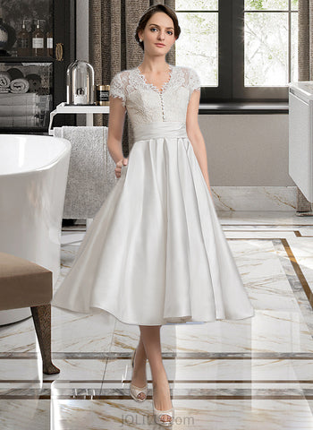 Hayley A-Line V-neck Tea-Length Satin Wedding Dress With Ruffle Pockets UKP0013828