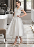 Hayley A-Line V-neck Tea-Length Satin Wedding Dress With Ruffle Pockets UKP0013828