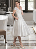 Hayley A-Line V-neck Tea-Length Satin Wedding Dress With Ruffle Pockets UKP0013828