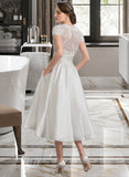 Hayley A-Line V-neck Tea-Length Satin Wedding Dress With Ruffle Pockets UKP0013828