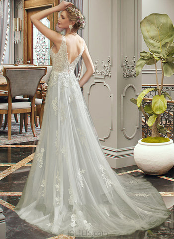 Quinn A-Line V-neck Court Train Wedding Dress With Lace UKP0013829