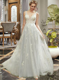 Quinn A-Line V-neck Court Train Wedding Dress With Lace UKP0013829